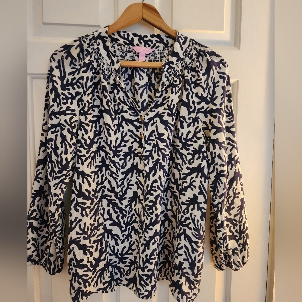 Lily Pulitzer Elsa Top 100 Silk Treaure Navy Coral Size Small Coastal Resort